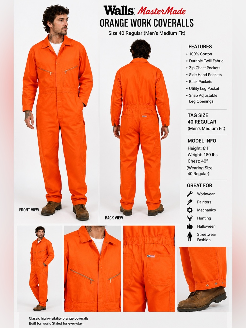 Walls MasterMade Orange Cotton Work Coveralls Men's Size 40 Regular Utility